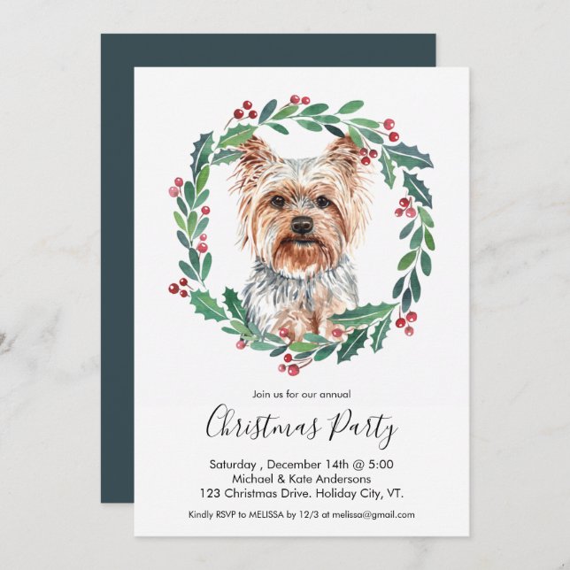Convite Yorkshire Terrier Cute Dog Festa de Natal Elegante (Frente/Verso)