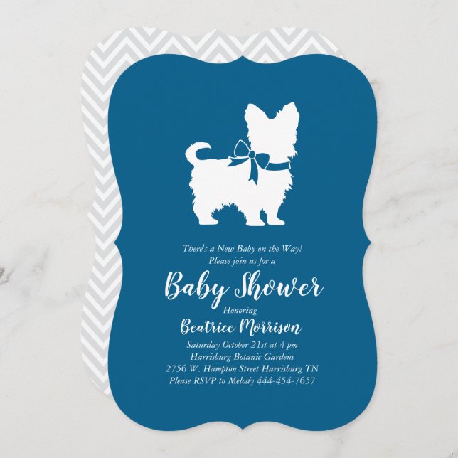 Convite Yorkshire Terrier Dog Baby Shower Blue (Frente/Verso)