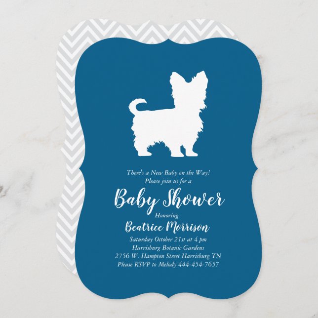 Convite Yorkshire Terrier Dog Baby Shower Blue (Frente/Verso)
