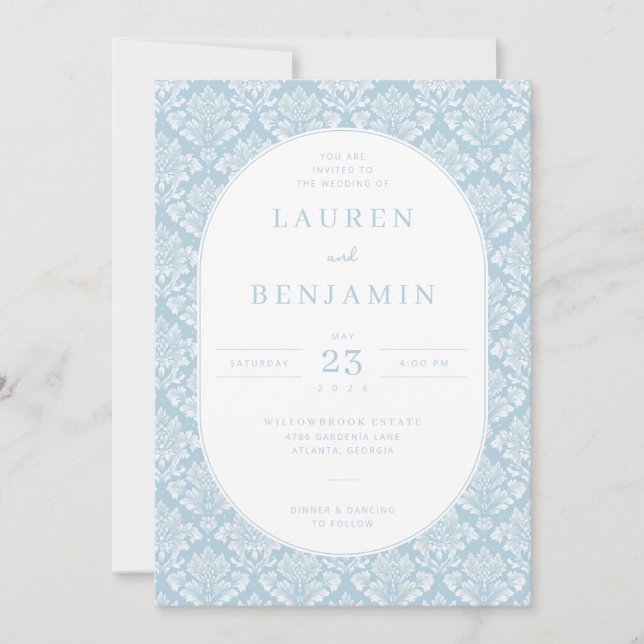 Convite You Are Invited Elegant Blue Damask (Frente)