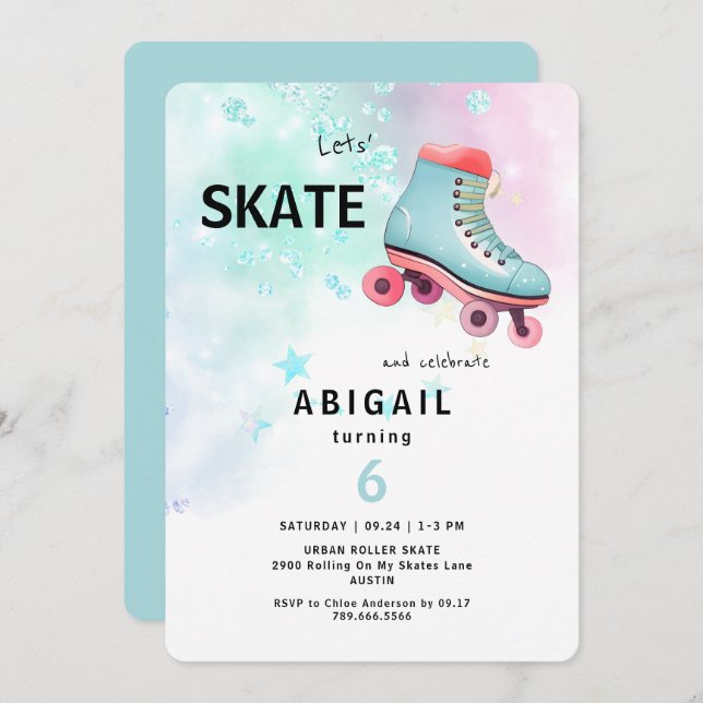 Convite Young Girl Roller Sking Turquoise Festa de anivers (Frente/Verso)