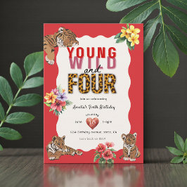 Convite Young Wild and Four Tiger Floral Birthday