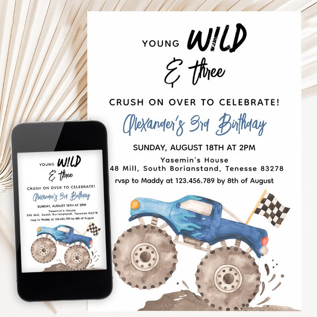 Convite Young Wild and Three Birthday Blue Monster Truck (Criador carregado)