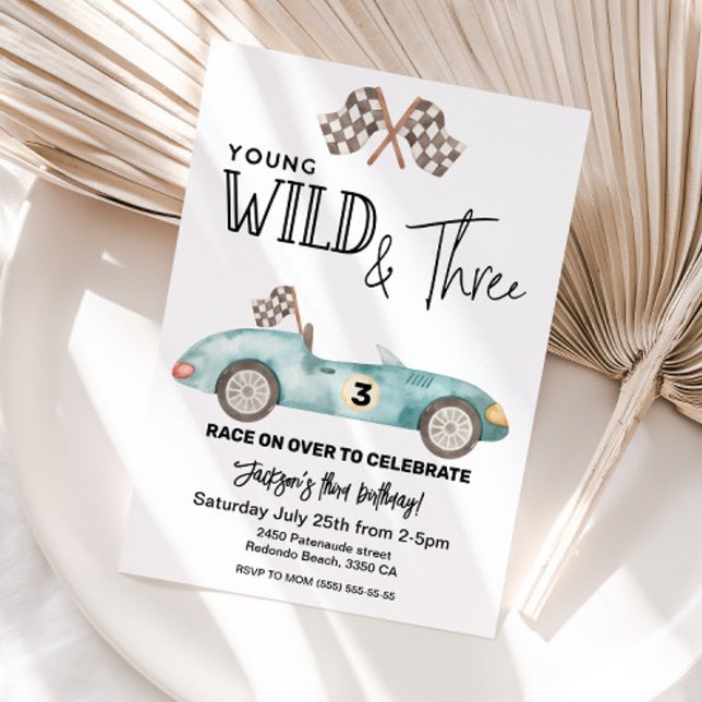 Convite Young Wild and THREE Blue Race car 3rd birthday (Young Wild and Three race car birthday invitation)