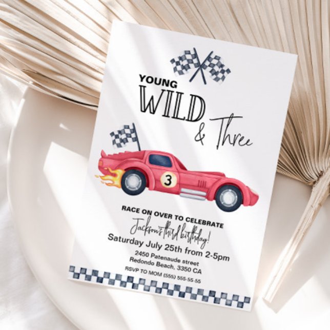 Convite YOUNG Wild and Three Red Race Car Birthday  (Race car Red Young Wild and three birthday invitation)