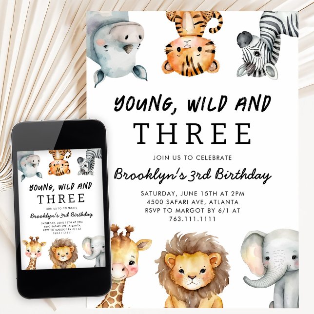 Convite Young Wild and Three Safari Birthday Party (Criador carregado)
