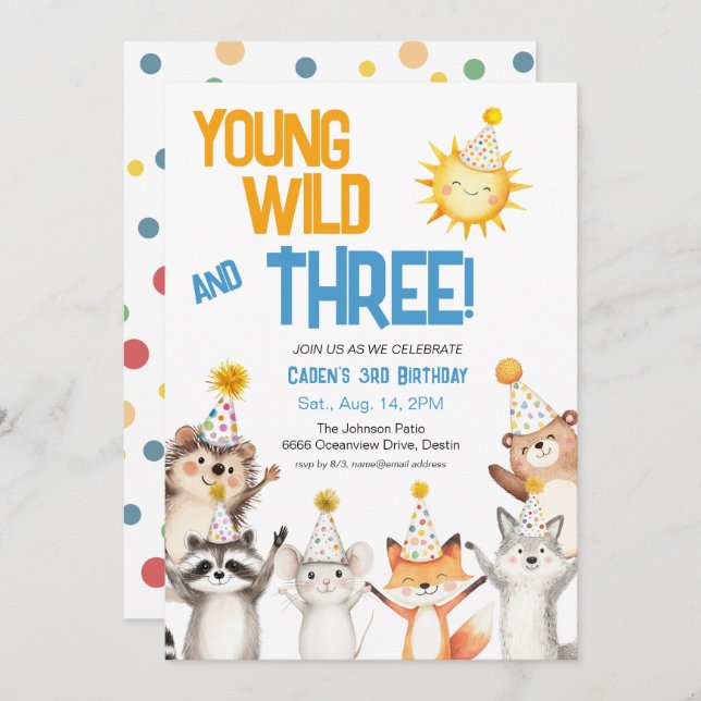 Convite Young Wild Forest Animals Party Hats 3rd Birthday (Frente/Verso)