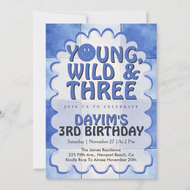 Convite Young Wild & Three Blue Retro Boy 3rd Birthday  (Frente)
