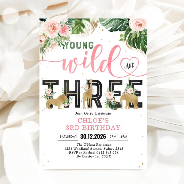 Convite Young Wild & Three Party Animals Girl 3rd Birthday (Criador carregado)