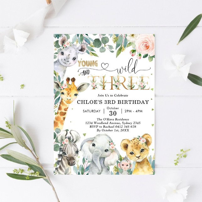 Convite Young Wild & Three Party Animals Girl 3rd Birthday (Criador carregado)