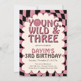 Convite Young Wild & Three Pink Retro Girl 3rd Birthday