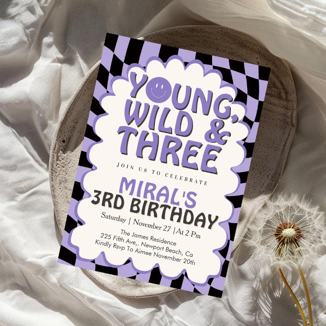 Convite Young Wild & Three Purple Retro Girl 3rd Birthday (Criador carregado)