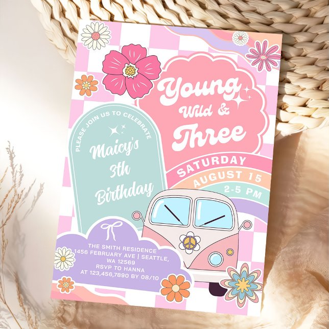 Convite Young wild & Three Rainbow Car Daisy Birthday (Criador carregado)