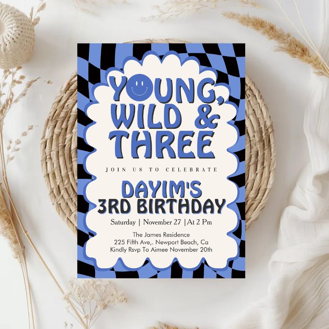 Convite Young Wild & Three Retro Blue Boy 3rd Birthday (Criador carregado)