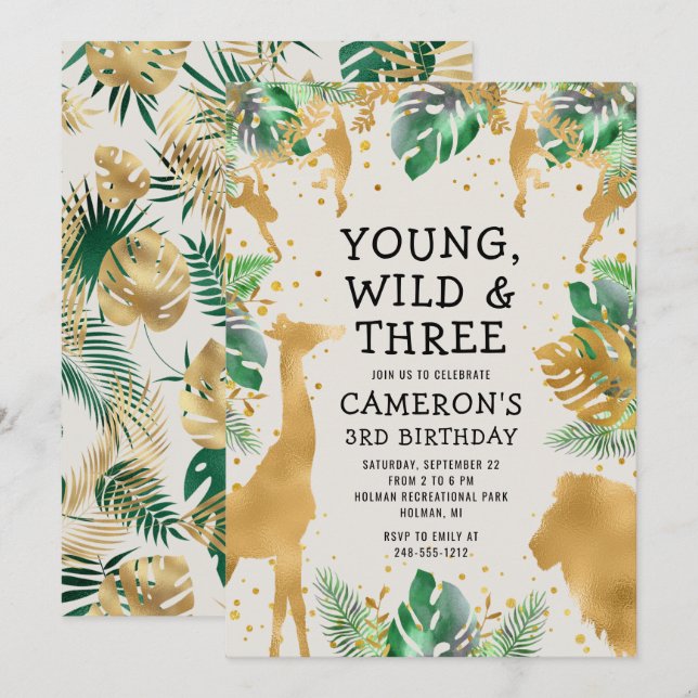 Convite Young Wild Three Safari Green Ecru aniversário de  (Frente/Verso)