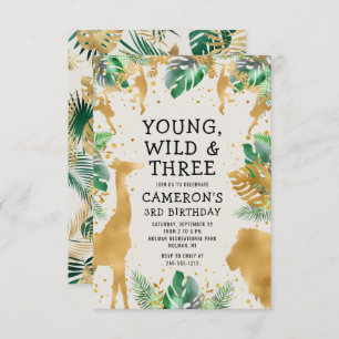 Convite Young Wild Three Safari Green Ecru aniversário de 