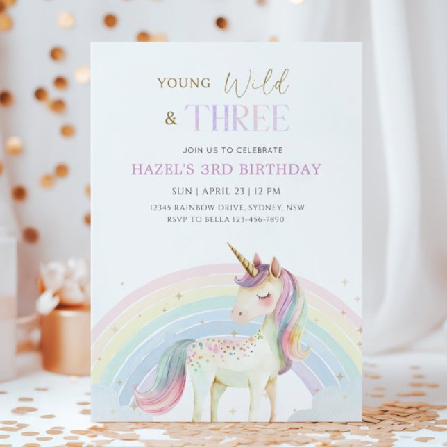 Convite Young Wild & Three Unicorn Rainbow 3rd Birthday (Criador carregado)