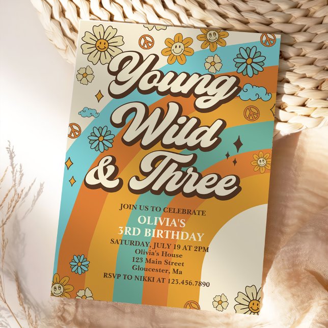 Convite Young Wild Três Retro Rainbow aniversário de 3 ano (Criador carregado)