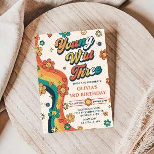 Convite Young Wild Três Retro Rainbow aniversário de 3 ano