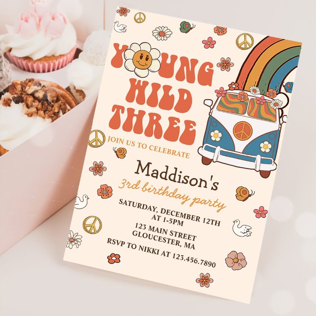 Convite Young Wild Três Retro Rainbow aniversário de 3 ano (Criador carregado)
