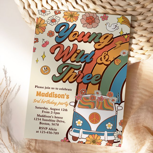 Convite Young Wild Três Retro Rainbow aniversário de 3 ano (Criador carregado)