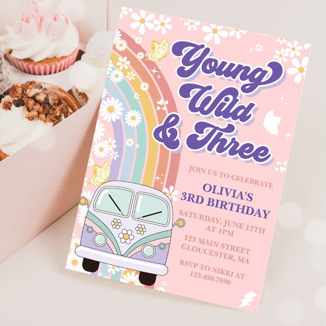 Convite Young Wild Três Retro Rainbow aniversário de 3 ano (Criador carregado)