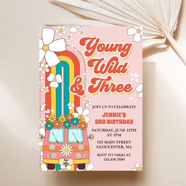 Convite Young Wild Três Retro Rainbow aniversário de 3 ano (Criador carregado)