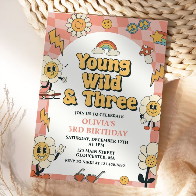 Convite Young Wild Três Retro Van Pink aniversário de 3 an (Criador carregado)