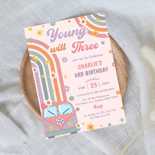Convite Young Will Three Groovy Retro Daisy aniversário de