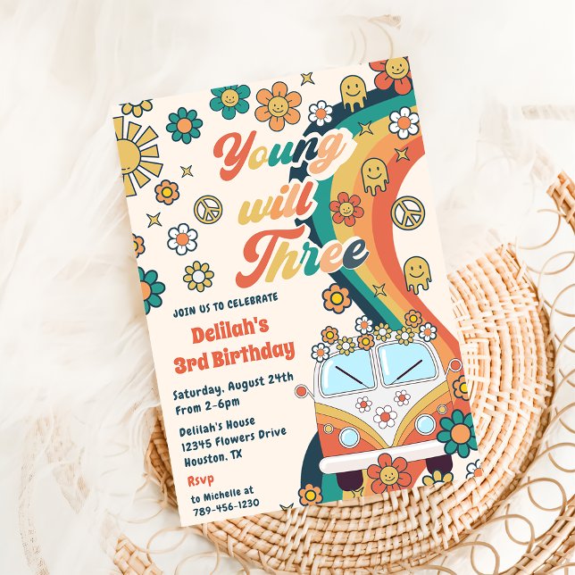 Convite Young Will Three Retro Floral aniversário de 3 ano (Criador carregado)