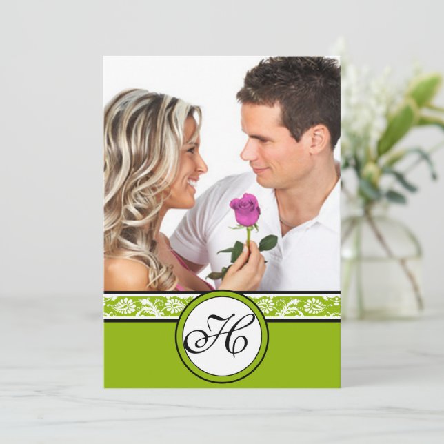 Convite Your Photo Damask Apple Green Wedding Invitation (Em pé/Frente)