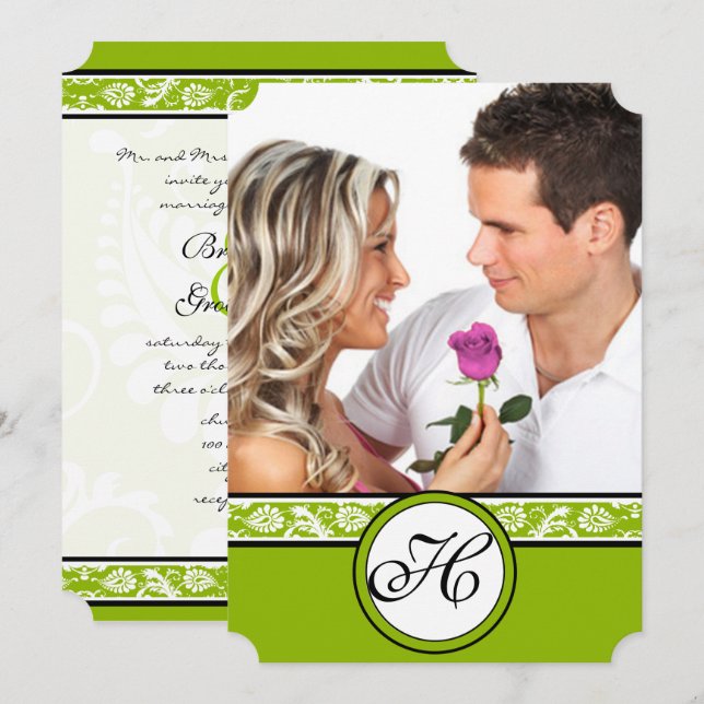 Convite Your Photo Damask Apple Green Wedding Invitation (Frente/Verso)