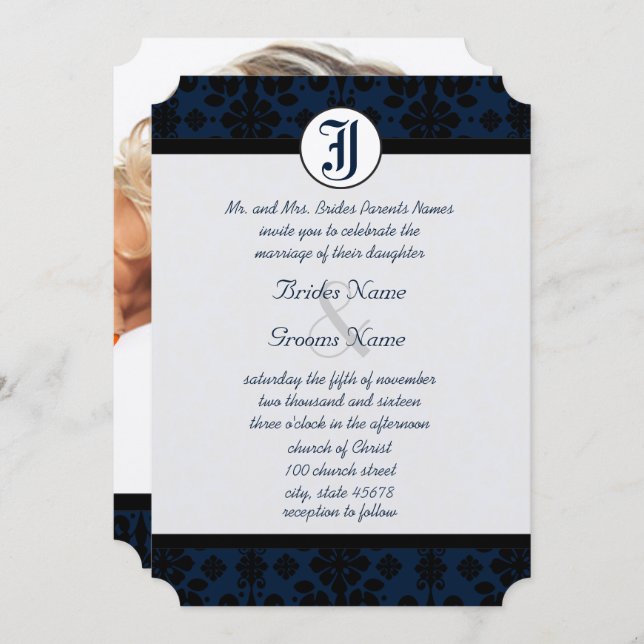 Convite Your Photo Navy & Black Damask Wedding (Frente/Verso)