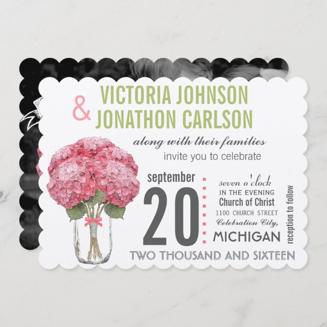 Convite Your Photo on Back Hydrangea in Mason Jar (Frente/Verso)