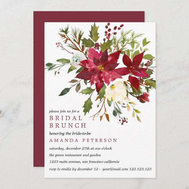 Convite Yuletide| PoinsettiaBouquet Bridal Brunch (Frente/Verso)