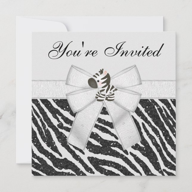 Convite Zebra & Animal Print Black & White Glitter Party (Frente)