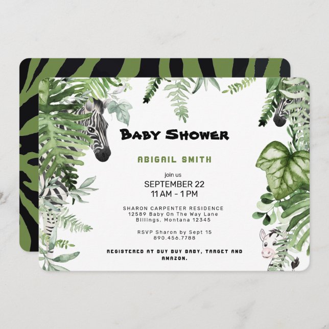 Convite Zebra Chá de fraldas Botânico Arredondado (Frente/Verso)