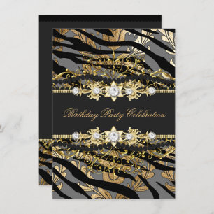 Convite Zebra Damask Dourada Black Foil Beige Elege Party
