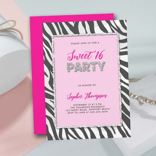 Convite Zebra de Partido Selvagem Imprimida Rinoestone Fra (sweet 16 party invitation wild animal zebra print hot pink rhinestone frame elegant girly classy)