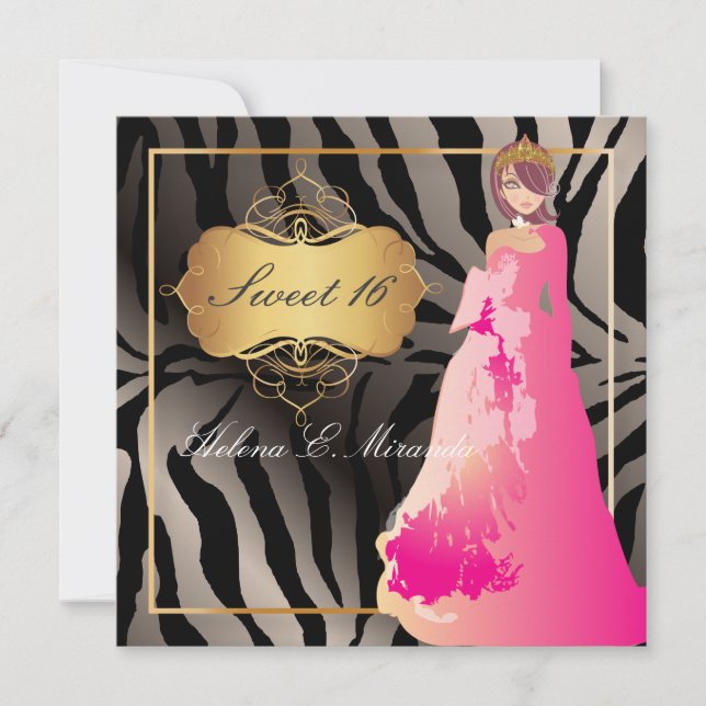 Convite ZEBRA FAUX PRATA/Sweet 16/ Quinceañera (Frente)