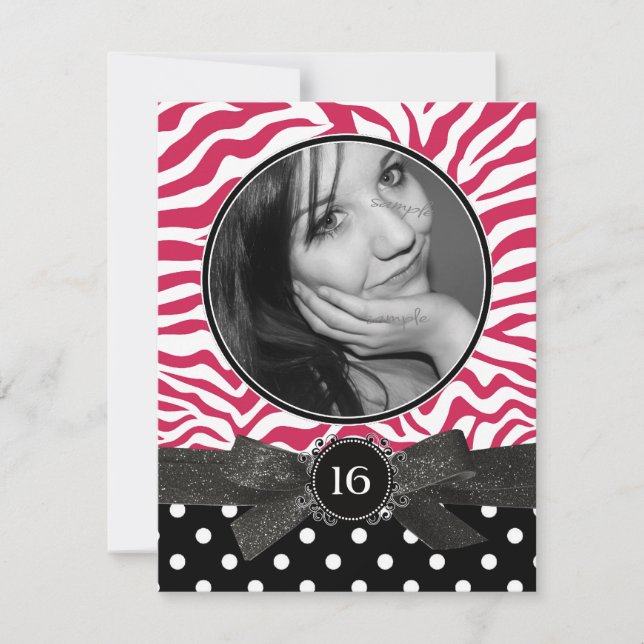 Convite Zebra Glitter e Polkadots Foto Sweet 16 Pink (Frente)