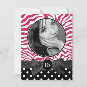 Convite Zebra Glitter e Polkadots Foto Sweet 16 Pink