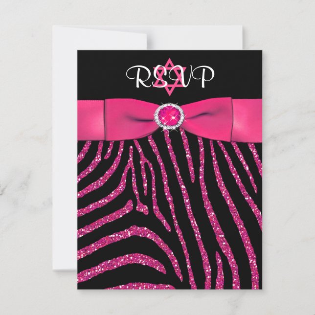 Convite Zebra IMPRESSA, Placa RSVP de FAUX Rosa Glitter (Frente)