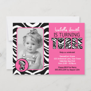 Convite Zebra Imprime Garotas Rosa No Terceiro Aniversári