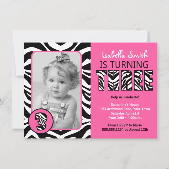Convite Zebra Imprime Garotas Rosa No Terceiro Aniversário (Frente)