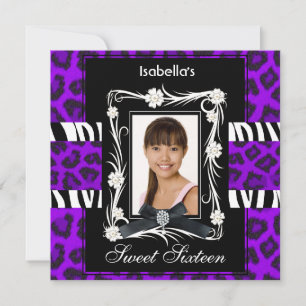 Convite Zebra Leopardo Roxo Sweet Sixteen 16 Preto Branco