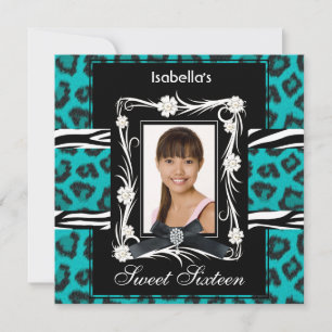 Convite Zebra Leopardo Teal Sweet Sixteen 16 Preto Branco