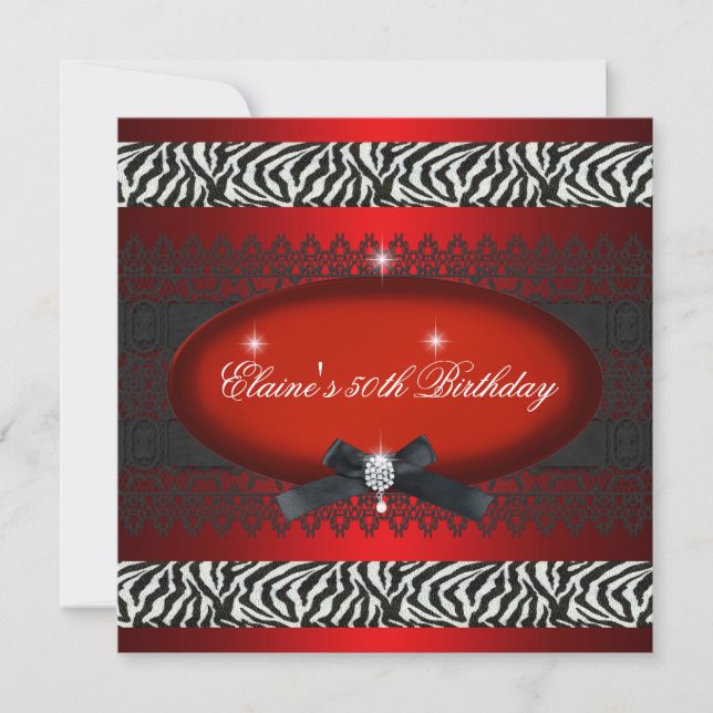 Convite Zebra Negra Festa de aniversário Vermelha 50 (Frente)