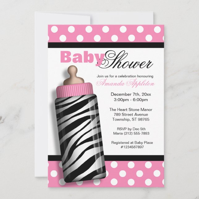 Convite Zebra Print Baby Bottle - Chá de fraldas Rosa (Frente)