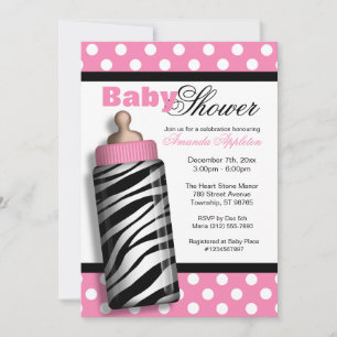 Convite Zebra Print Baby Bottle - Chá de fraldas Rosa